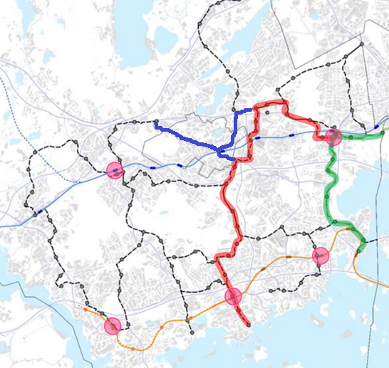 Kuvaan merkitty sinisellä Kauniaisten raitiolinjan kaksi vaihtoehtoista linjausta